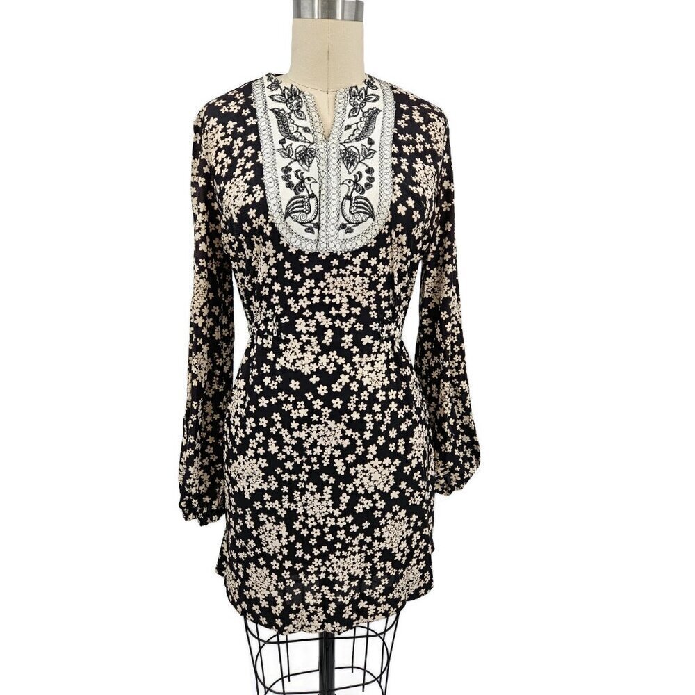 VTG 70s Brown Embroidered Bird Mini Dress Womens 11 Floral Boho Hippie
